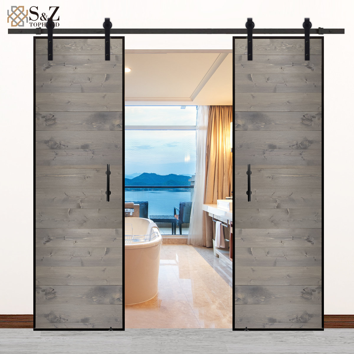 Wood Double Barn Door with Installation Hardware Kit 7 Colors 84 Height S&Z TOPHAND Size: 40 x 84, Finish: Deep Gray