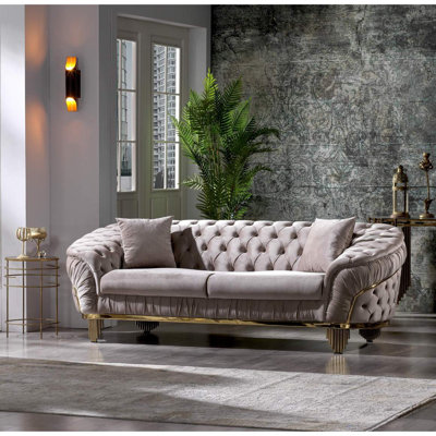 Modern Sofa  Button Tufted Sofa Made Of Wood And Gold Coated Metal Legs In Taupe Color