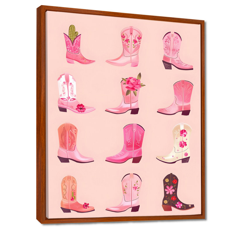 Rose, bottes de cowboy assorties - Cowgirls, art mural, Toile avec cadre flottant brun, H 32 po x l 24 po x P 1 po
