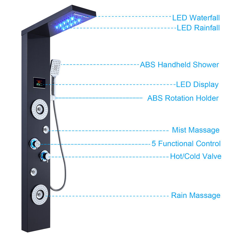 5-way Diverter Shower Tower Panel System with LED Rainfall Waterfall Shower Head, in Brushed Black, Brushed Black