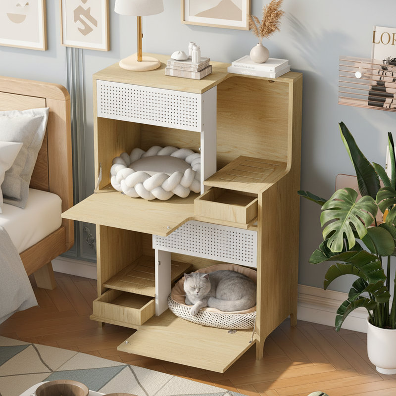 Table d'appoint multifonctionnelle pour chat avec litière et table d'appoint en bois naturel