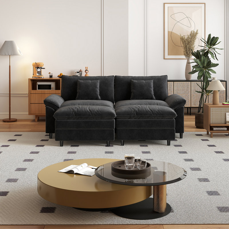Canapé double en chenille avec deux repose-pieds, Noir