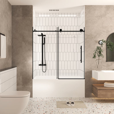 Porte de douche, l 56 po x H 60 po, verre trempé transparent de 1/4 po (6 mm), pellicule résistante, poignée en acier inoxydable confortable et fonctionnelle, noir mat, bonne transmission pour la salle de bain