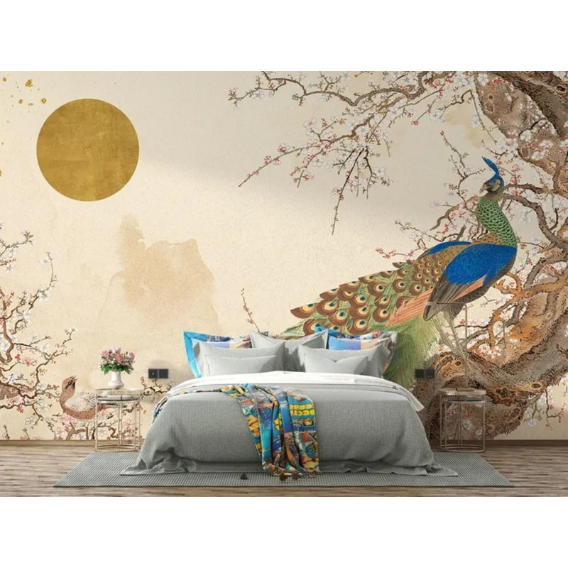 Adhésif mural beige paon rétro, L 96 po x l 108 po