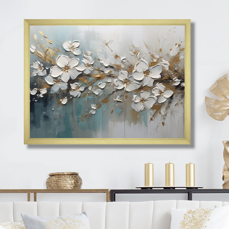«Roniya White and Gold Daisy Symphony IV», reproduction sur toile, H 12 po x l 20 po x P 1 po, Encadrement doré