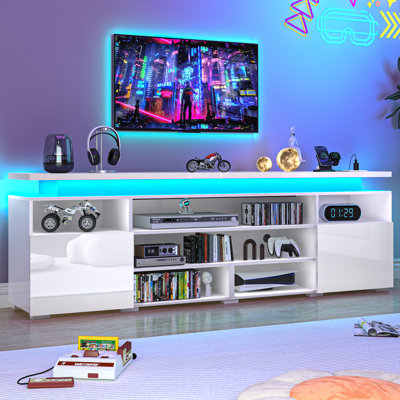 LED TV Stand For Tvs Up To 95in, 82.6" High Gloss Entertainment Center Media Console With Storage and Cabinets, Modern TV Media Console with LED Lights & Charging Station for Living Room, White
