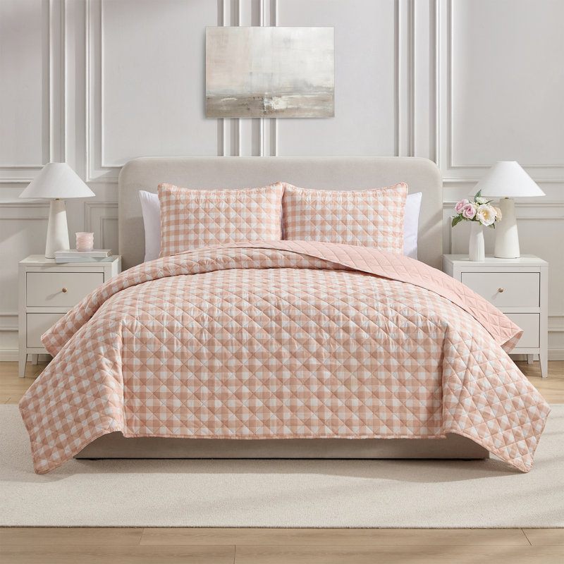Ensemble de courtepointe en microfibre VCNY Home Gingham, Courtepointe pour grand lit + 2 taies décoratives, Rose