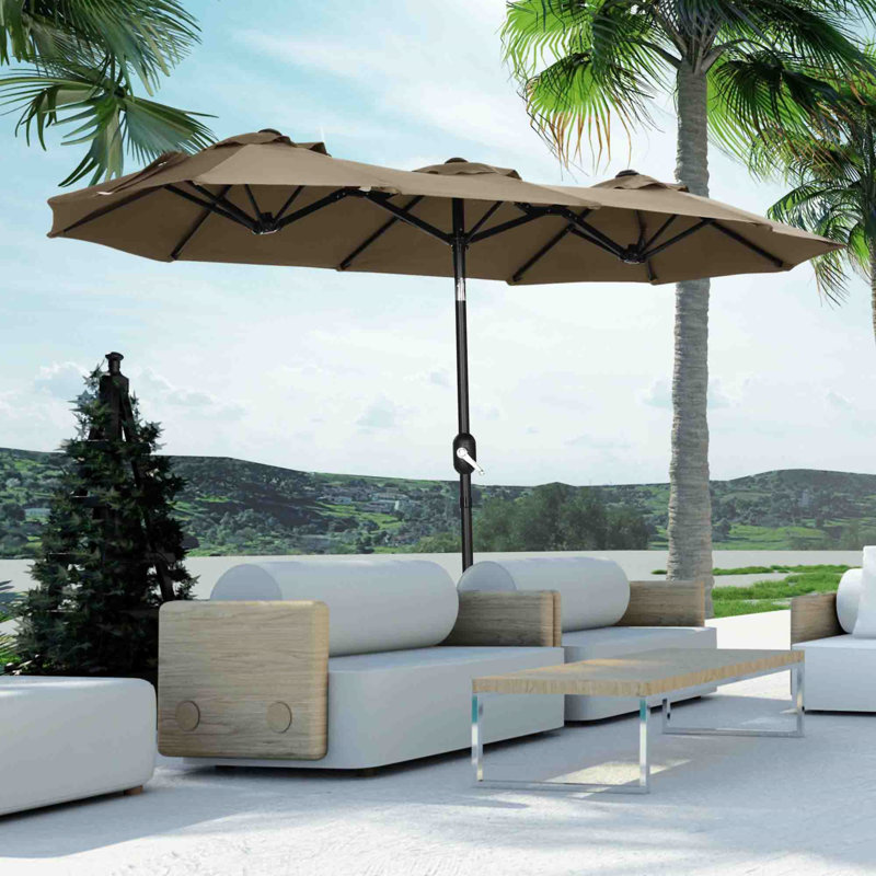 Grand parasol de marché extérieur de 9,5 pi avec bouton-poussoir et manivelle Outsunny, Marron clair