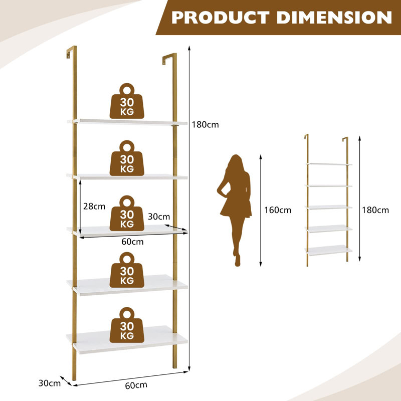 Meachum 180cm H x 60cm W Iron Ladder Bookcase, White/Gold