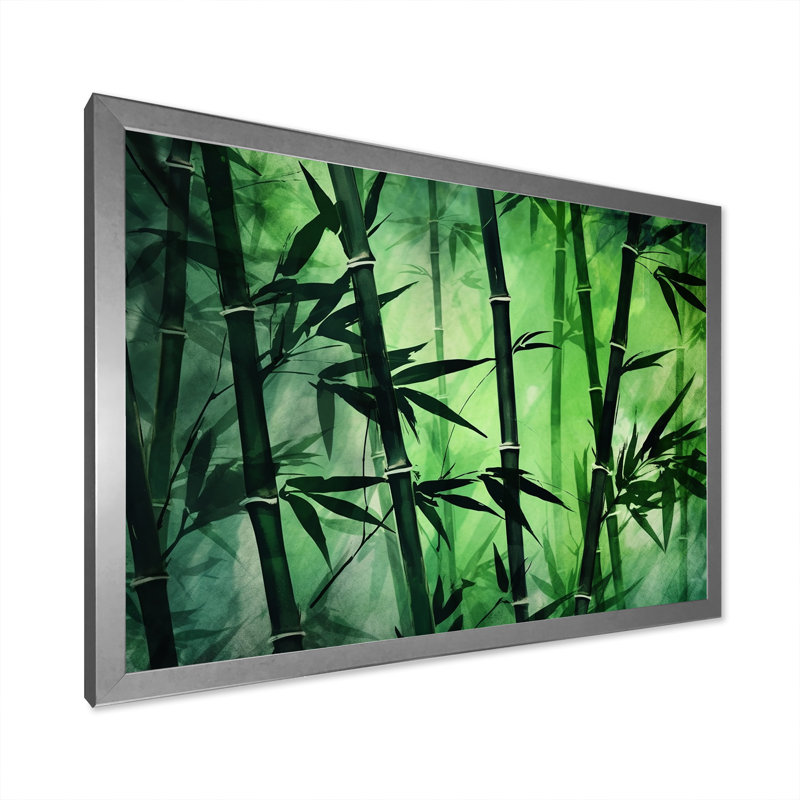 Bambou vert foncé et clair sur toile, H 30 po x l 40 po x P 1,5 po, Cadre photo argenté