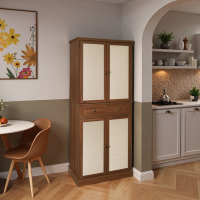 Garde-manger 4 portes avec 1 tiroir, 4 tablettes intérieures réglables et décoration en rotin