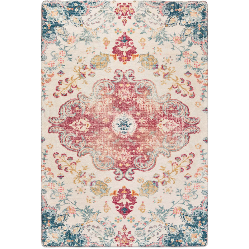 Juanelle Performance Washable Indoor Rug, Retangle 4' x 6', Ruby & Teal