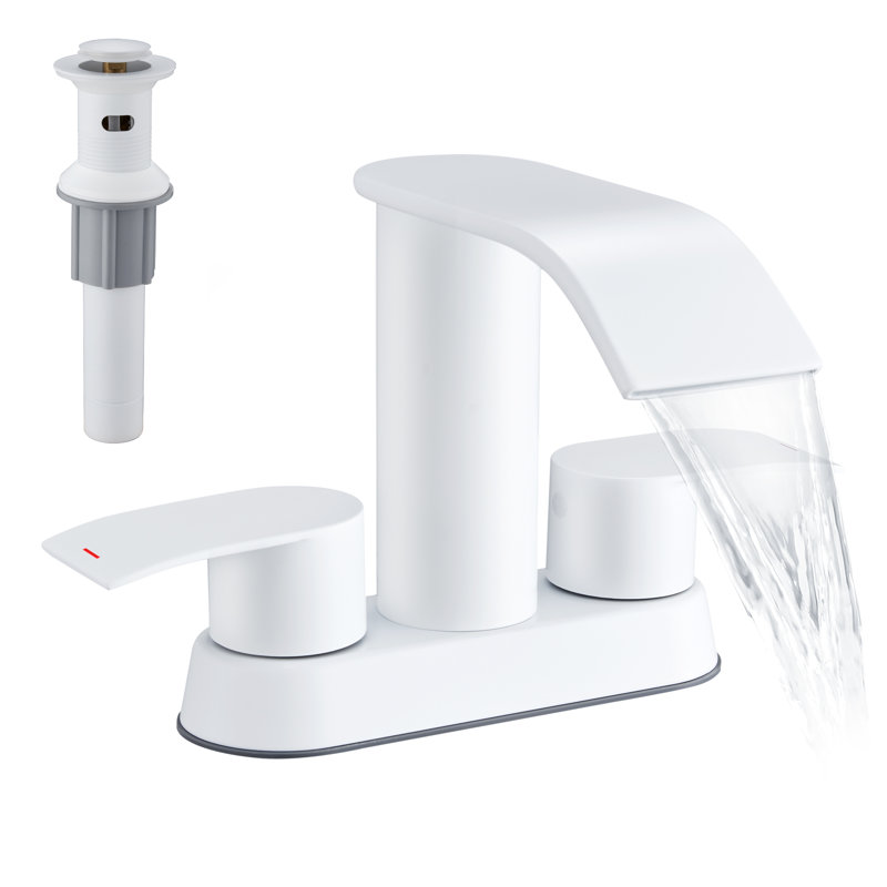 4" Centerset Double Handle Waterfall Bathroom Sink Faucet with Pop Up Drain, White