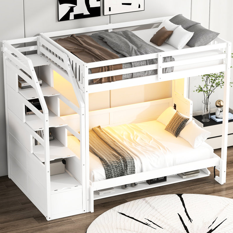 Lit mezzanine double blanc avec escalier de rangement, lit, éclairage à DEL et structure pour poids lourds avec éclairage, pour économiser de l'espace