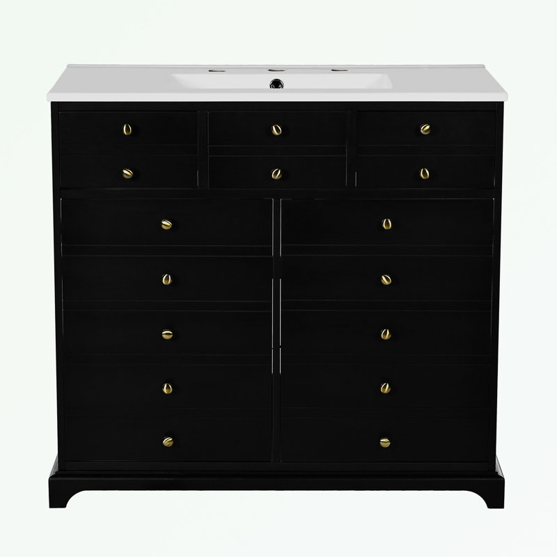 Ensemble de meuble-lavabo avec lavabo en résine, 2 tiroirs et portes à fermeture douce, Noir, noir, noir, noir