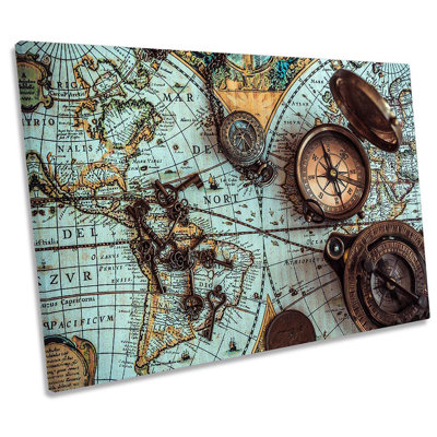 Vintage Map World Compass - Wrapped Canvas Art Prints
