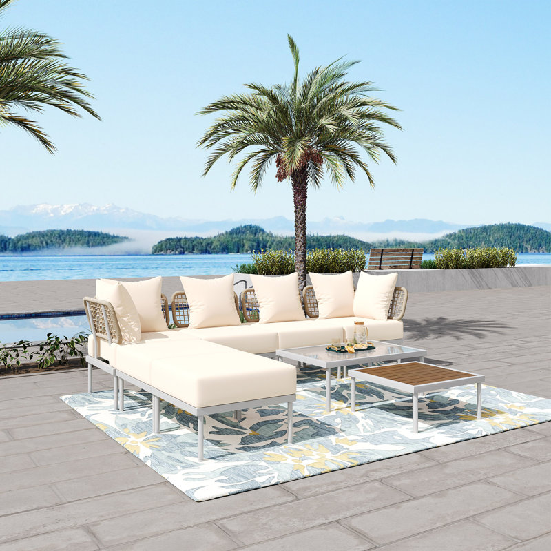 Ensemble de canapé modulaire de patio 8 pièces avec table basse en verre trempé et table basse en bois, Beige