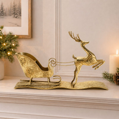 Hammered Metal Deer with Sleigh 25.5"L