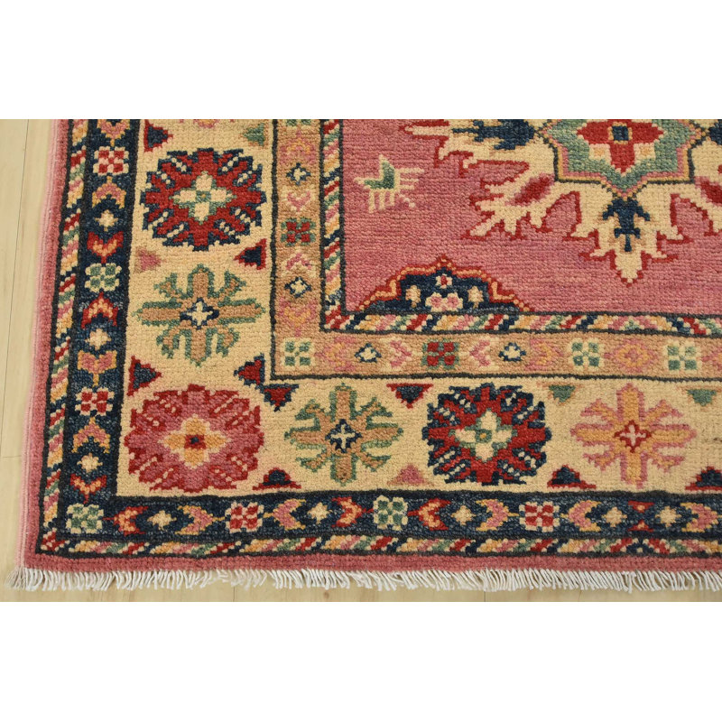 Tapis de style tribal en laine rose noué à la main 2 pi 11 po x 9 pi 10 po Kazak