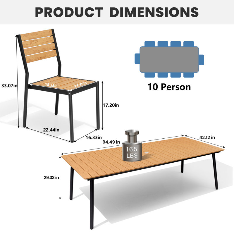10-Person Aluminum Outdoor Dining Set With Umbrella Hole And Stackable Chairs, Brown