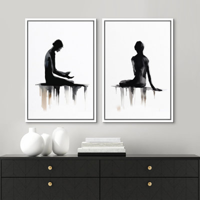 Noir et blanc, yoga, nature morte, portrait de femme, illustrations minimalistes, art moderne encadré sur toile, ensemble de 2 pièces
