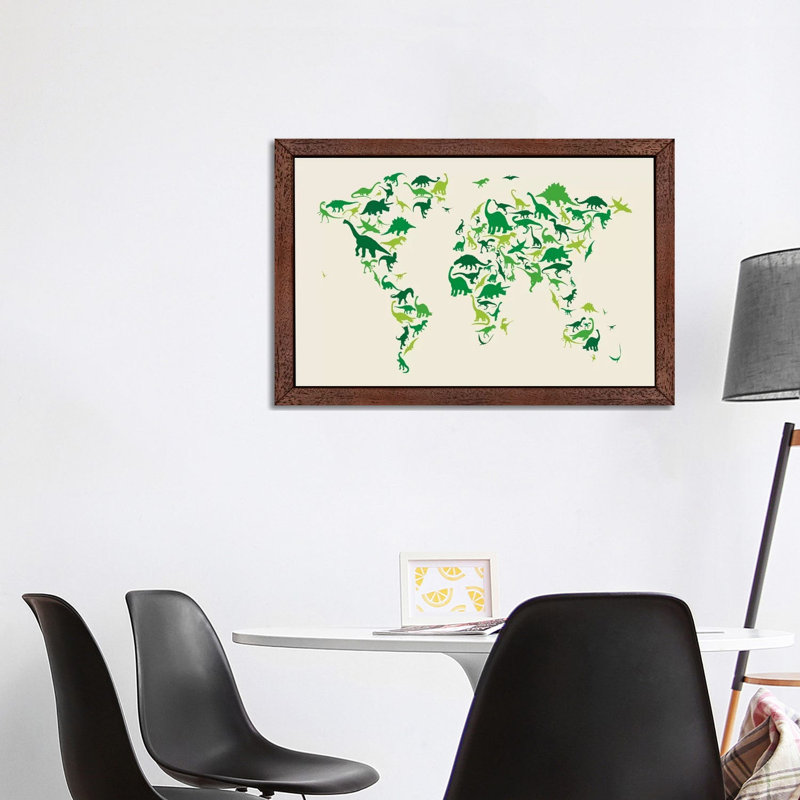 Dinosaur Map Of The World by Michael Tompsett - Print on Canvas, Brown Framed, 101.6 cm H x 66.04 cm W