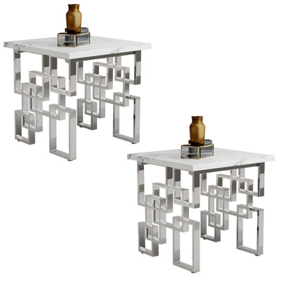 White Faux Marble And Silver End Table With Mirrored Chrome Metal Geometric Base Set Of 2