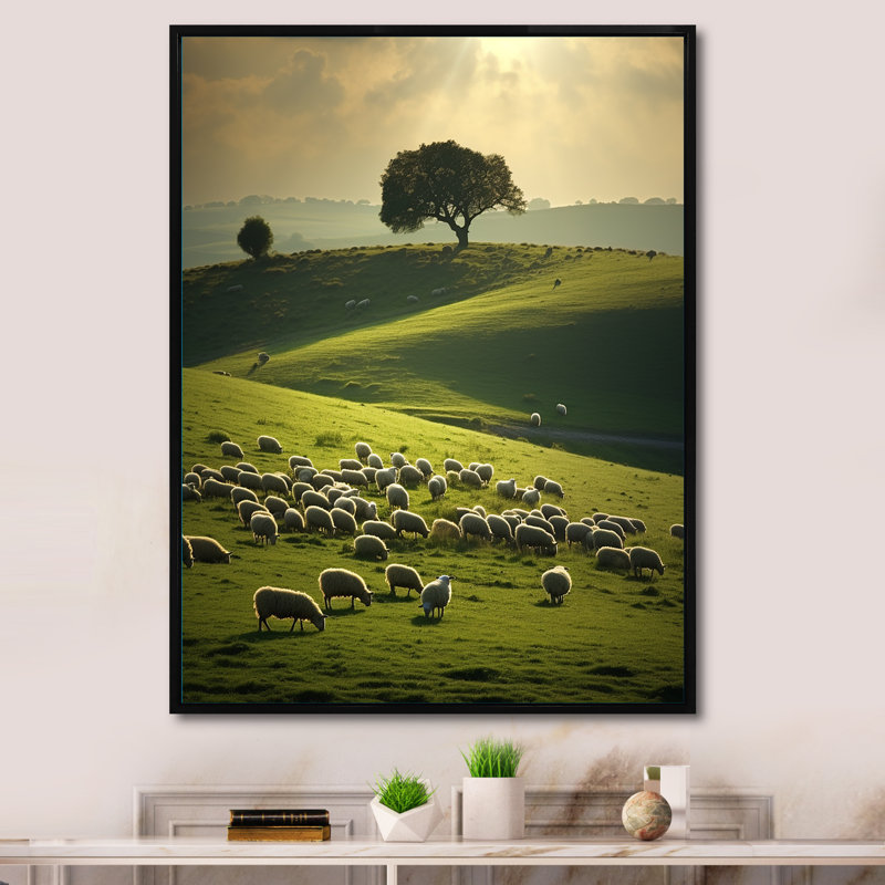 «Pastoral Bliss Sheep Landscape II», reproductions d'art mural animaux, H 32 po x l 16 po x P 1 po, Cadre flottant noir