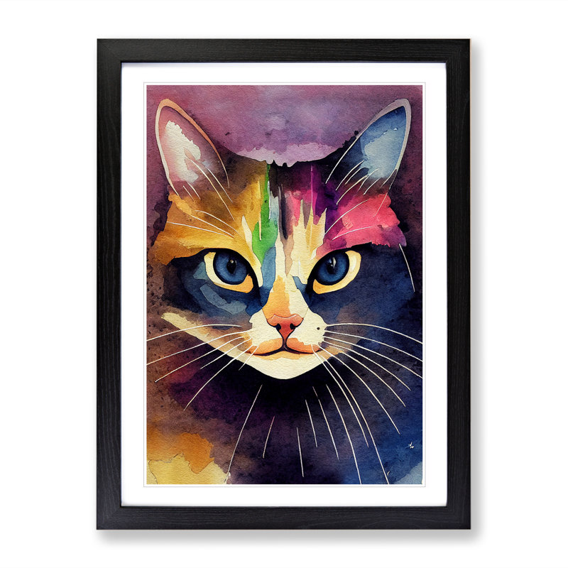 Cat Watercolour No.1 - Painting, 66cm H x 48cm W x 2cm D, Black Framed, White