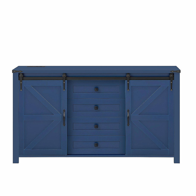 Buffet de 55,1 pouces avec rangement, armoire de rangement Farmhouse avec portes de grange coulissantes et 4 tiroirs, table de buffet en bois avec prise de courant