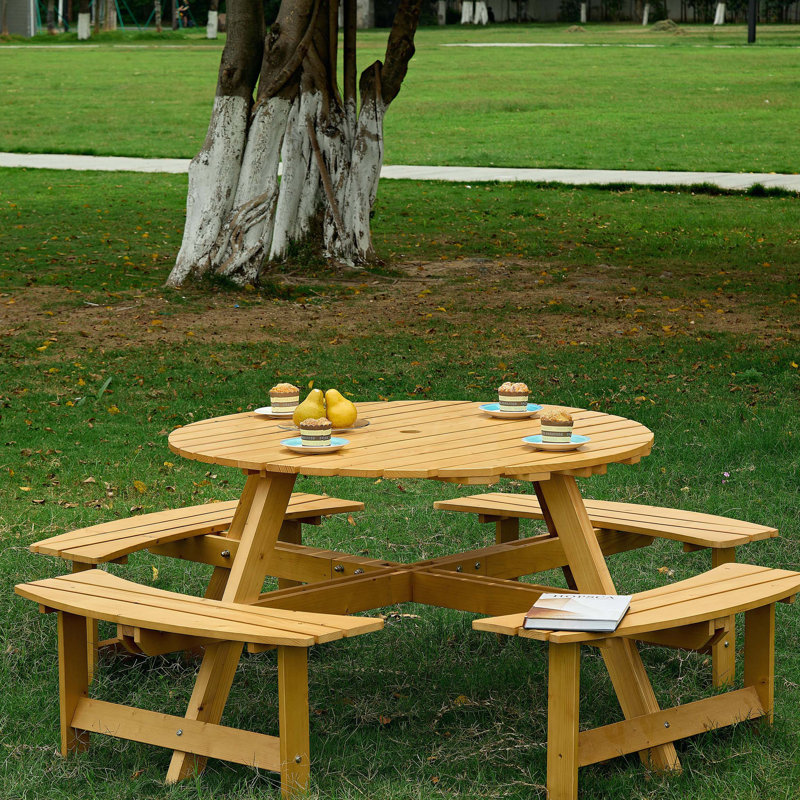8-Person Outdoor Round Picnic Table Set with 4 Built-in Benches & Umbrella Hole - for Garden, Backyard, Porch & Patio - Natural Wood