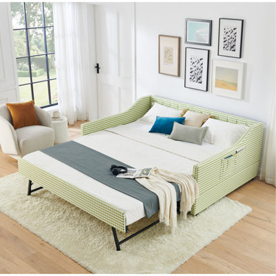 Lit de jour pleine grandeur, lit de jour convertible rembourré avec dossier capitonné, canapé-lit polyvalent 3 en 1 avec lit gigogne escamotable et rangement latéral, parfait pour une vie compacte