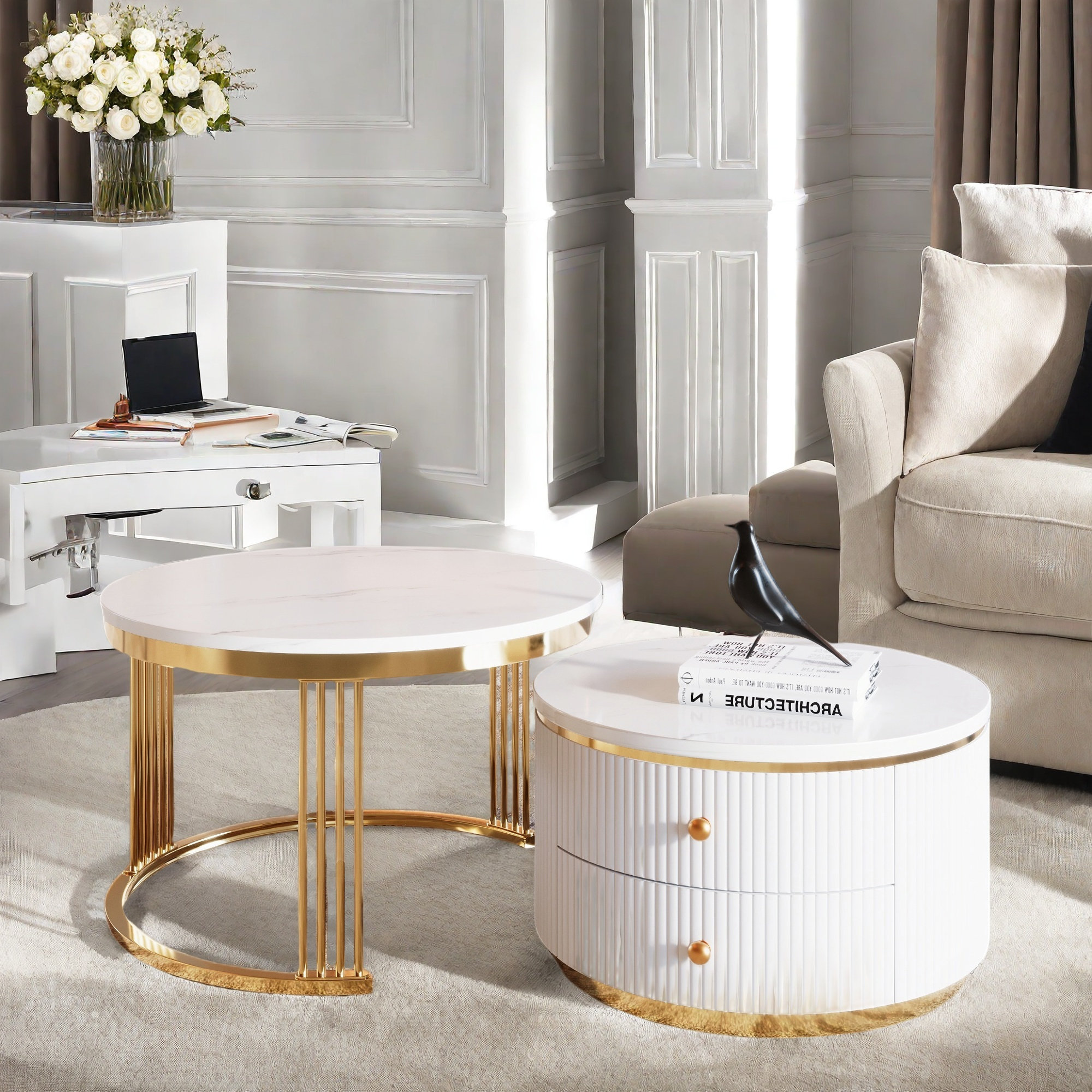 Mercer41 Modern 2 Pieces Round Nesting Coffee Table With 2 Drawers And ...