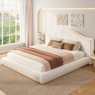King Cloud Bed Frame, Modern Chenille Platform Bed Frame with Curved Wingback Headboard, Thick Soft Cushion Design, Low Profile Bedroom Furniture, White, Not Include Box Spring