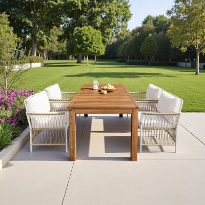 Patio 5Pcs Wooden Dining Table Set, Outdoor 67''L Rectangular Table With 4 Rattan Arm Chairs
