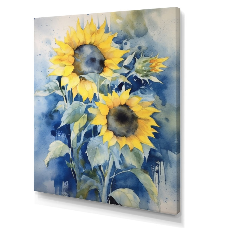 Jaune, bleu, tournesol doré, impression sur toile florale, H 32 po x l 24 po x P 1 po, Toile tendue