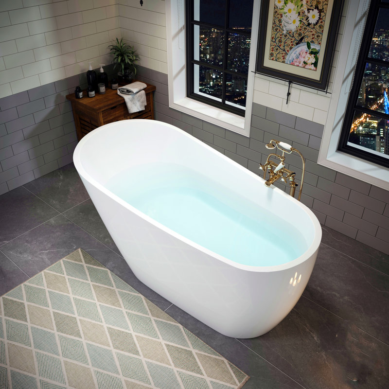 Baignoire autoportante en acrylique de 55 pouces, baignoire à immersion profonde élégante avec drainage rebond et débordement intégré, blanc éclatant