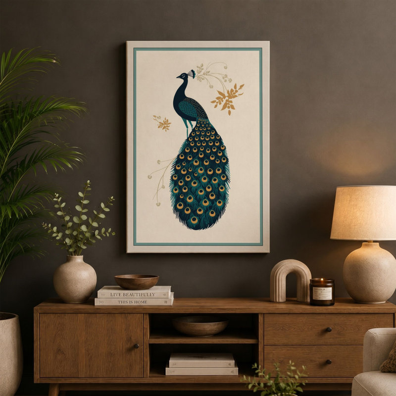 Ornamental Peacock Art Deco - Wrapped Canvas, 30x20 - 76.2 x 50.8 cm, Teal Border