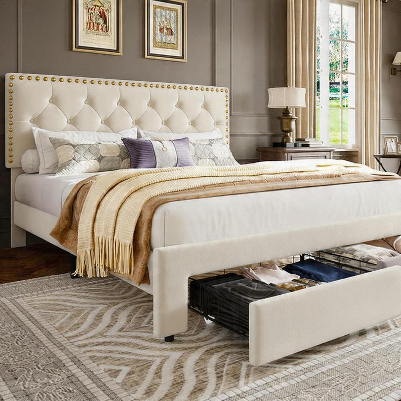 Beige Full Size Bed Frame with 2 Storage Drawers – Velvet Upholstered, Button Tufted, Noise Free, No Box Spring Needed