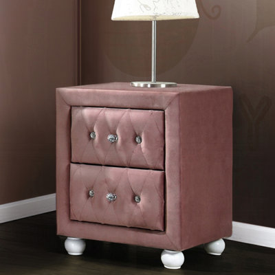 2 Upholstered Pink Nightstand - Foam & Wood, Pulls, White Legs, Bedroom Furniture Fabric For Stop Included, , Particle Board +