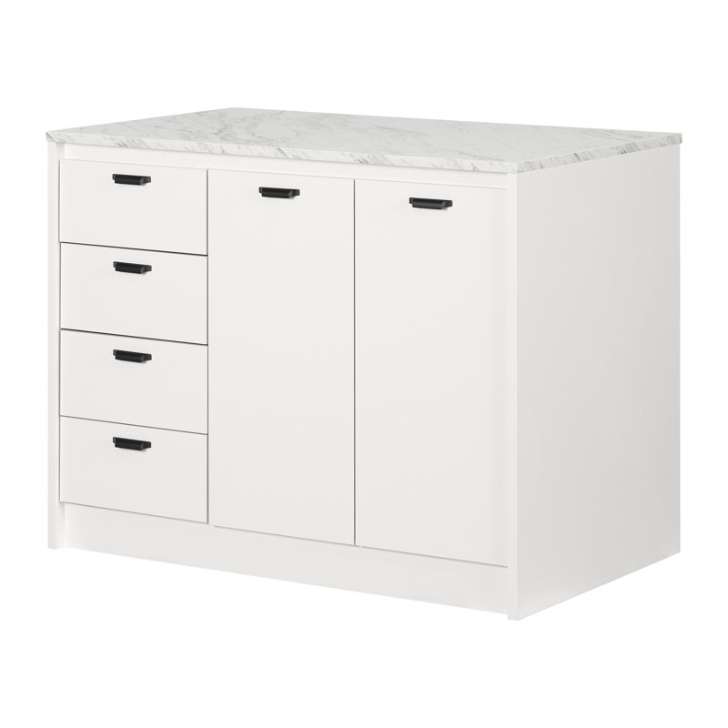 White Marble and White Kitchen Island with Storage and Drawers