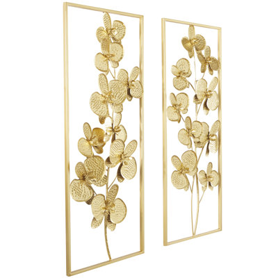 Metal Orchid Floral Gold Wall Decor with Gold Frame Set