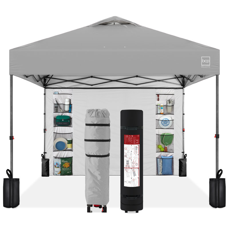 10X10ft Easy Setup Pop Up Canopy, Portable Tent W/ Side Wall, 1-Button Push, Case, Blue