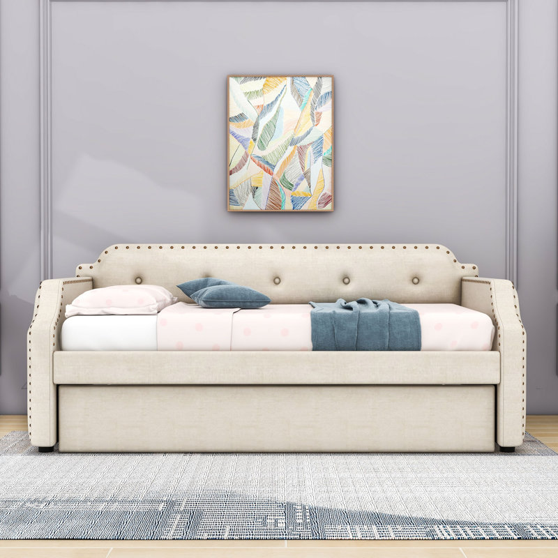 Twin Upholstered Daybed with Trundle and Slats
