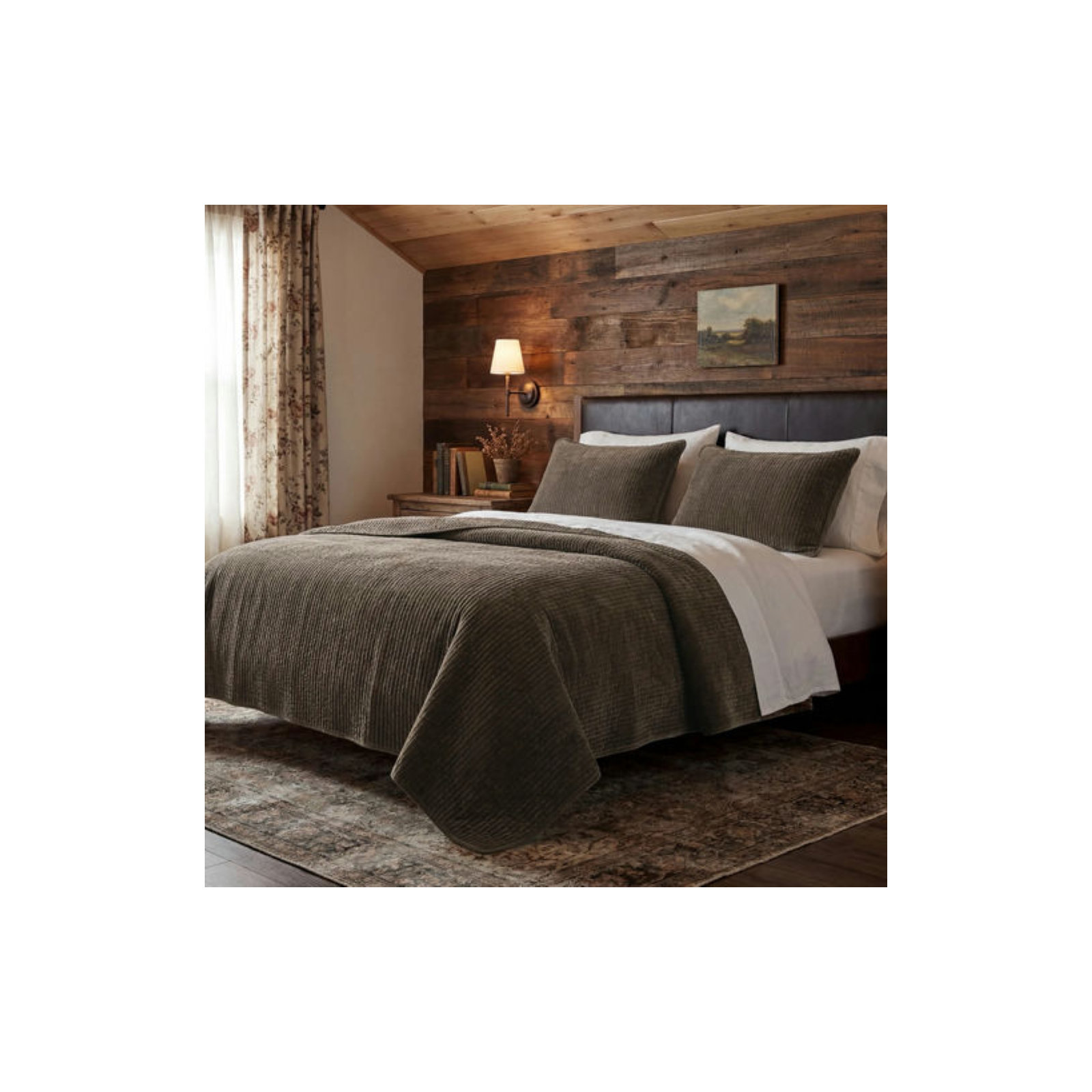 Stonewashed Cotton Velvet Modern Rustic Quilt Set, King Quilt  + 2 King Shams, Cocoa