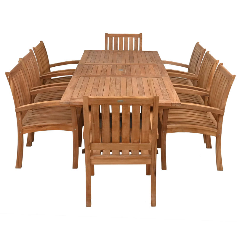 9 Piece Teak Wood Dining Set Including Rectangular Extension Table With 8 Abacho Arm Chairs