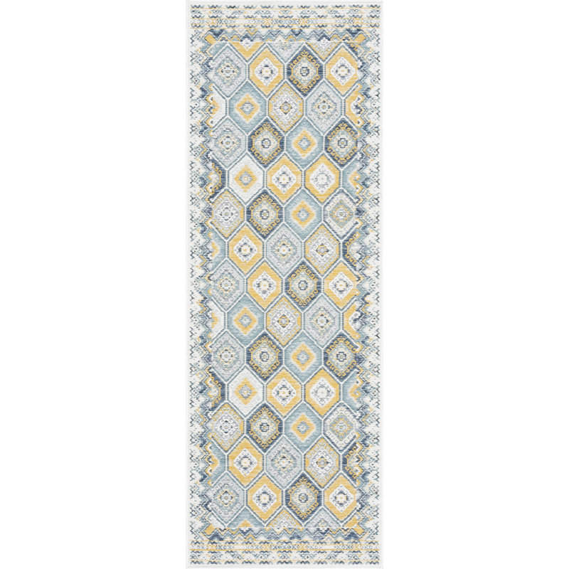 Tapis intérieur / extérieur à tissage plat réversible Deltufo, Marine/Jaune, Tapis de couloir 2 pi 8 po x 7 pi 3 po