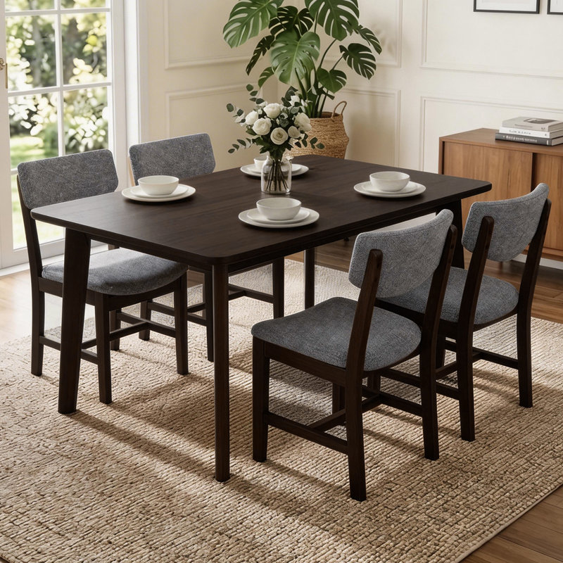 Ensemble de salle à manger 5 pièces - Table en bois massif et chaises rembourrées, Marron foncé