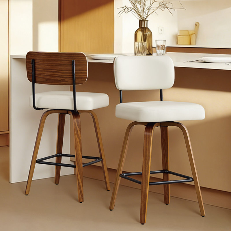 Tabouret de comptoir pivotant rembourré avec structure en bois cintré noyer, Blanc, 2