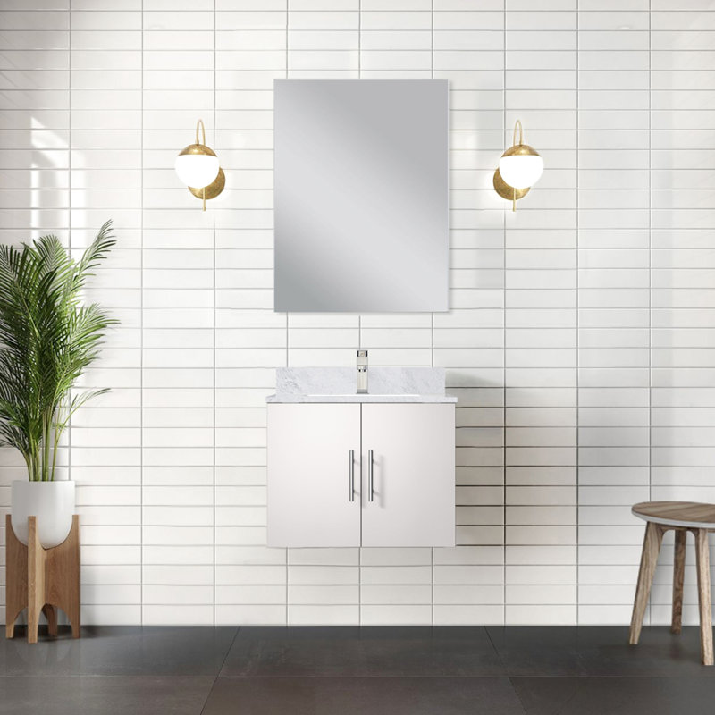 24 po L x P 22 po. Meuble-lavabo simple blanc brillant - comptoir en marbre et miroir à fermeture douce, espace de rangement spacieux et comptoir Scratch Stain 18, espace de rangement